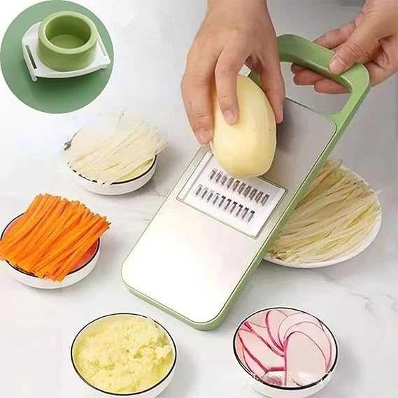 5-in-1 Vegetable Cutter & Grater – 304 Stainless Steel Slicer, Shredder & Peeler with Safety Guard