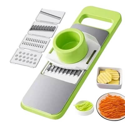 5-in-1 Vegetable Cutter & Grater – 304 Stainless Steel Slicer, Shredder & Peeler with Safety Guard