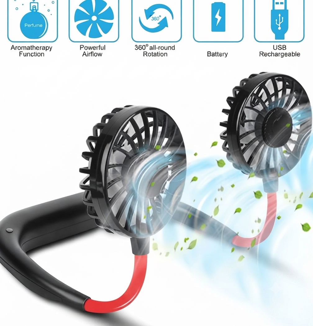 Premium Rechargeable Neck Fan – 3-Speed Hands-Free Cooling for Travel, Sports & Daily Use